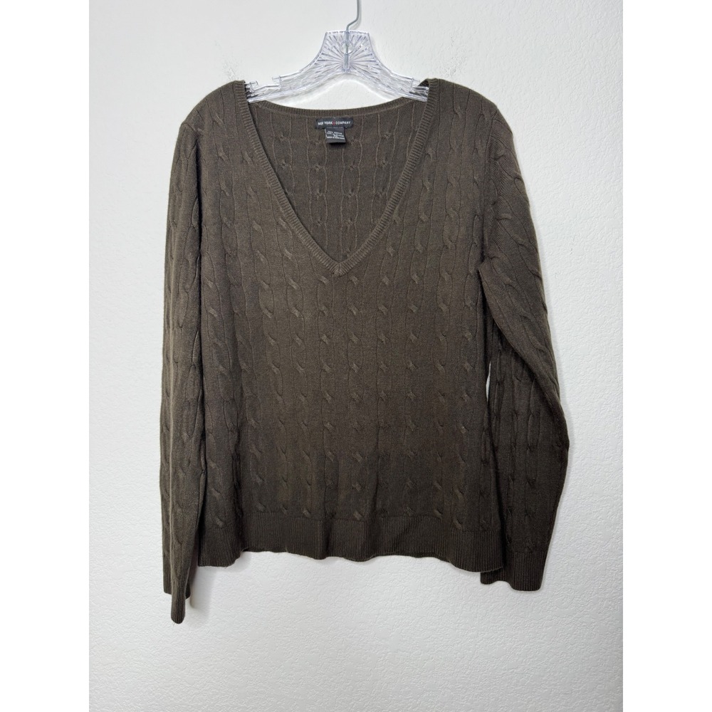 New York & Company Brown Cable Knit VNeck Long Sleeve Sweater Womens Size XL Y2K